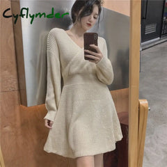 Cyflymder Atumn Knitted Dress Women Long Sleeve V-Neck Sexy Pure Color Elegant Sweater Mini Dress Female Party One