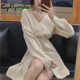 Cyflymder Atumn Knitted Dress Women Long Sleeve V-Neck Sexy Pure Color Elegant Sweater Mini Dress Female Party One