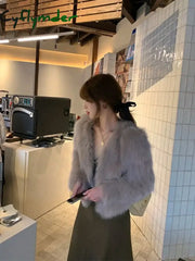 Cyflymder Autumn and Winter New Imitation Fox Fur Grass Women’s Winter Short Style Temperament Coat Thick Open Collar