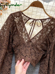 Cyflymder Autumn Black/White/Brown Sexy Lace Blouse Women Elegant V-Neck Puff Long Sleeve Open Back