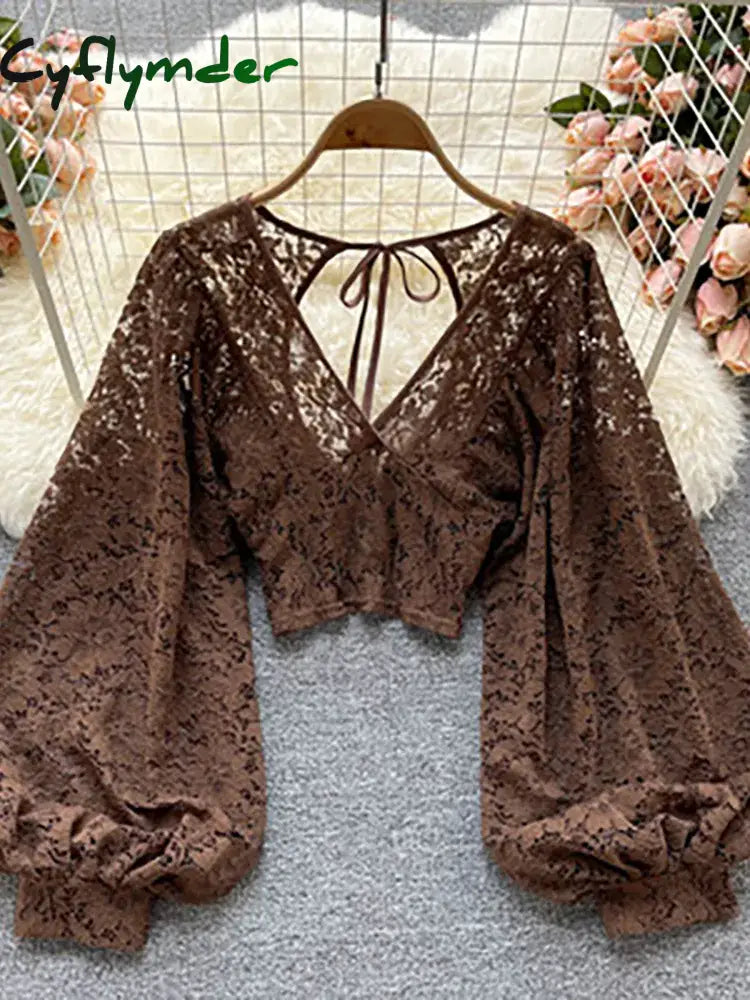 Cyflymder Autumn Black/White/Brown Sexy Lace Blouse Women Elegant V-Neck Puff Long Sleeve Open Back