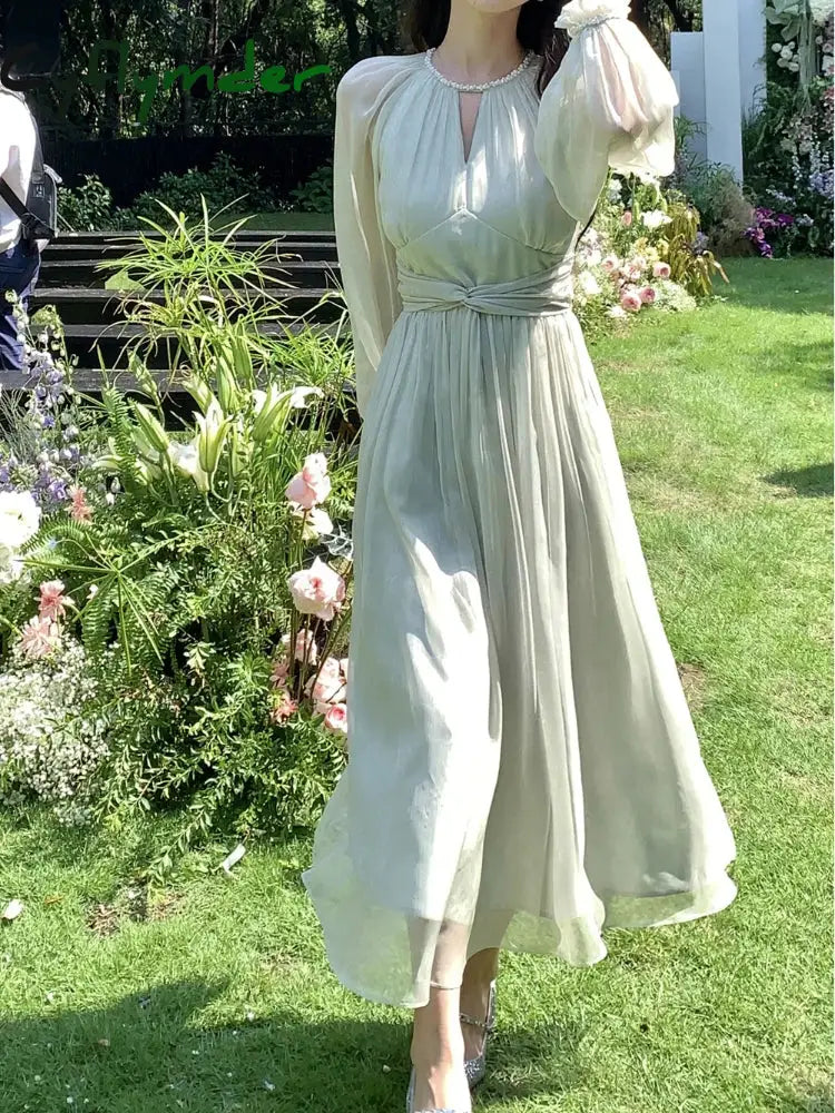Casual Elegant Chiffon Dress Office Lady Vintage Even Party Midi Dress Women Outwear One Piece Dress Korean Fashion