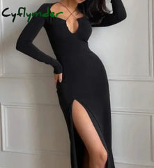 Cyflymder Autumn Crossed Cleavage Maxi Dress Women Concise Side Spilt Elegant Vestido Lady High
