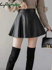 Cyflymder Autumn Fashion Women’s Solid Color PU Pleated Skirts Winter Slim Fit High Waisted Unique Zippered Women Mini