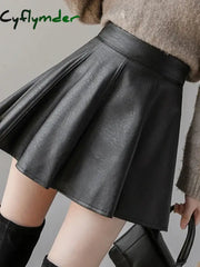 Cyflymder Autumn Fashion Women’s Solid Color PU Pleated Skirts Winter Slim Fit High Waisted Unique Zippered Women Mini