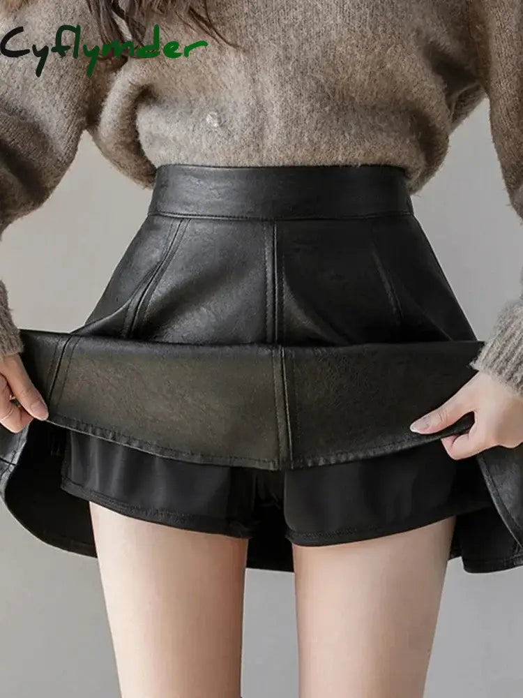 Cyflymder Autumn Fashion Women’s Solid Color PU Pleated Skirts Winter Slim Fit High Waisted Unique Zippered Women Mini