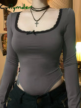 Cyflymder summer inspo Autumn Hotsweets Slim Long Sleeve Bodysuit Women Simple Lace Trim Square Collar Bow Rompers