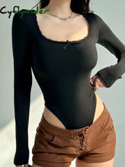 Cyflymder summer inspo Autumn Hotsweets Slim Long Sleeve Bodysuit Women Simple Lace Trim Square Collar Bow Rompers