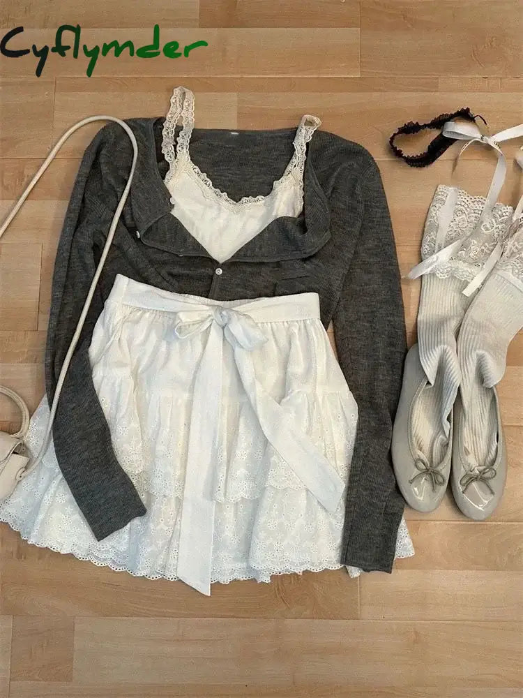 Cyflymder Autumn Japanese Lace 3 Piece Set Women Fashion Vintage Long Sleeve Cardigan Solid Sling + High Waist Lace Up