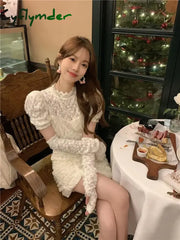 Cyflymder Autumn Lace Elegant Y2k Mini Dress Women Casual Party Sexy Bodycon Dress Female Puffer Sleeve One Piece Dress