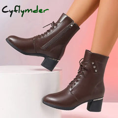 Cyflymder Autumn Lace Up Thick Heels Ankle Boots Women Plus Size Zip Pu Leather Boots Woman Retro High Heeled Short