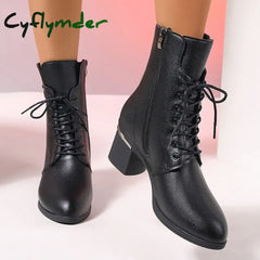 Cyflymder Autumn Lace Up Thick Heels Ankle Boots Women Plus Size Zip Pu Leather Boots Woman Retro High Heeled Short