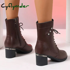 Cyflymder Autumn Lace Up Thick Heels Ankle Boots Women Plus Size Zip Pu Leather Boots Woman Retro High Heeled Short