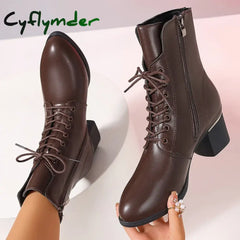 Cyflymder Autumn Lace Up Thick Heels Ankle Boots Women Plus Size Zip Pu Leather Boots Woman Retro High Heeled Short