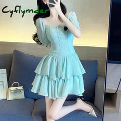 Cyflymder Autumn New Women’s Solid Color Square Collar Button Patchwork Ruffles Pleated Fashion Aesthetic Long Sleeve