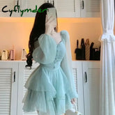 Cyflymder Autumn New Women’s Solid Color Square Collar Button Patchwork Ruffles Pleated Fashion Aesthetic Long Sleeve