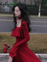 Cyflymder Autumn Red Vintage Elegant Dress Women Flare Sleeve Designer Sweet Long Female Ruffles
