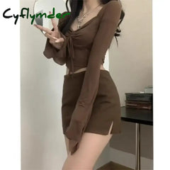 Cyflymder Autumn Sexy Two Pieces Skirt Set Women Y2K Long Sleeve Crop Top T-Shirt + Fashion
