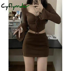 Cyflymder Autumn Sexy Two Pieces Skirt Set Women Y2K Long Sleeve Crop Top T-Shirt + Fashion