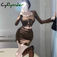 Cyflymder Autumn Sexy Two Pieces Skirt Set Women Y2K Long Sleeve Crop Top T-Shirt + Fashion