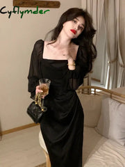 Cyflymder Autumn Solid Elegant Fairy Dresses Women Casual Party Fashion Korean One Piece Dress