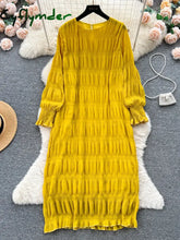 Cyflymder Autumn Vintage Women Draped Loose Midi Dress Elegant Round Collar Puff Long Sleeve Robe Casual