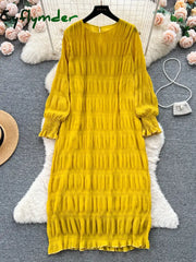 Cyflymder Autumn Vintage Women Draped Loose Midi Dress Elegant Round Collar Puff Long Sleeve Robe Casual