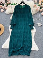 Cyflymder Autumn Vintage Women Draped Loose Midi Dress Elegant Round Collar Puff Long Sleeve Robe Casual