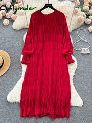 Cyflymder Autumn Vintage Women Draped Loose Midi Dress Elegant Round Collar Puff Long Sleeve Robe Casual