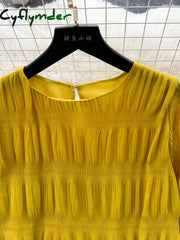 Cyflymder Autumn Vintage Women Draped Loose Midi Dress Elegant Round Collar Puff Long Sleeve Robe Casual