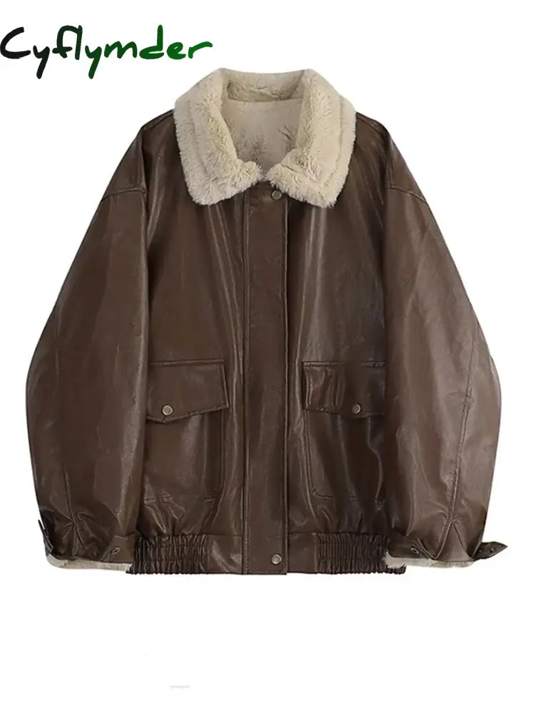 Cyflymder Autumn Winter American Vintage Women Oversize Faux Leather Jacket Padded Old Money Outwear Thick Lambs Wool
