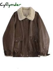 Cyflymder Autumn Winter American Vintage Women Oversize Faux Leather Jacket Padded Old Money Outwear Thick Lambs Wool