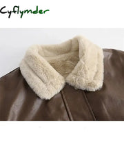 Cyflymder Autumn Winter American Vintage Women Oversize Faux Leather Jacket Padded Old Money Outwear Thick Lambs Wool