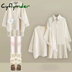 Cyflymder Autumn Winter Elegant Women Dresses Two Piece Set Knitted Shawls Tops with Mini Dress Suits Females All-match