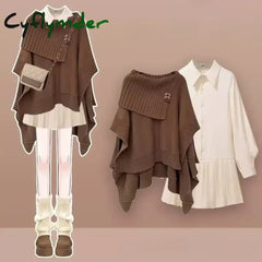 Cyflymder Autumn Winter Elegant Women Dresses Two Piece Set Knitted Shawls Tops with Mini Dress Suits Females All-match