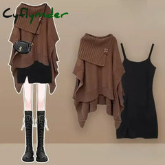 Cyflymder Autumn Winter Elegant Women Dresses Two Piece Set Knitted Shawls Tops with Mini Dress Suits Females All-match