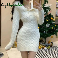 Cyflymder Autumn Winter Elegant Women Sweater Christmas Red Slim Fur Patchwork Hooded Knitted Dress Female Korean