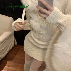 Cyflymder Autumn Winter Elegant Women Sweater Christmas Red Slim Fur Patchwork Hooded Knitted Dress Female Korean