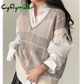 Cyflymder Autumn Winter Female Korean Loose Sweater Vest Vintage Office-Lady V-Neck Jumpers