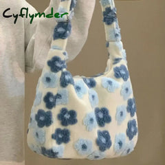 Cyflymder Autumn Winter Flower Lamb Wool Plush Bag Student Large Capacity Tote Shoulder Women