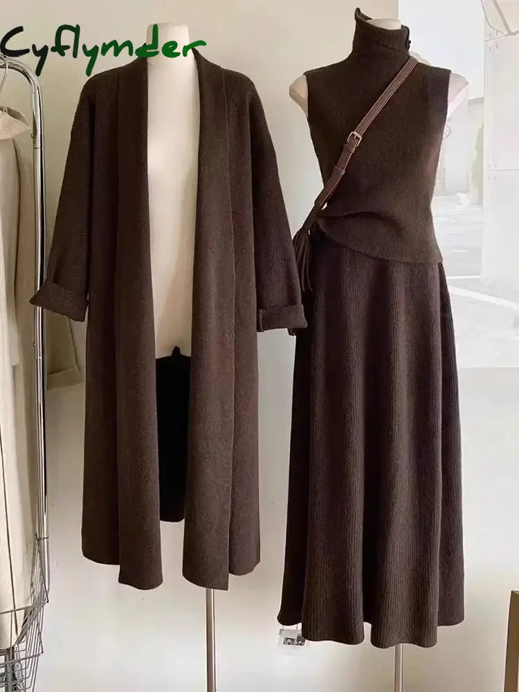 Cyflymder Autumn/Winter Gentle Style Long Sweater Knitted Cardigan Tank Top Maxi Skirt Set Solid Color Knit Three Piece