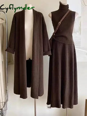 Cyflymder Autumn/Winter Gentle Style Long Sweater Knitted Cardigan Tank Top Maxi Skirt Set Solid Color Knit Three Piece