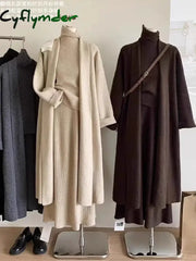 Cyflymder Autumn/Winter Gentle Style Long Sweater Knitted Cardigan Tank Top Maxi Skirt Set Solid Color Knit Three Piece