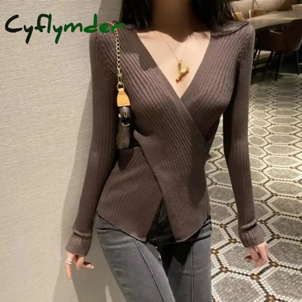 Cyflymder Autumn Winter Knitwear Tops Fashion Female Long Sleeve Skinny Elastic Casual V-neck Knitted Shirts Women