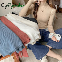 Cyflymder Autumn Winter Mock Neck Women Sweater Vintage Basic Solid Knitted Tops Casual Slim