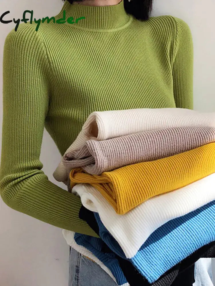 Autumn Winter Mock Neck Women Sweater Vintage Basic Solid Knitted Tops Casual Slim Pullover Korean Sweaters Simple Chic Jumpers