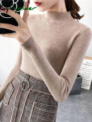 Cyflymder Autumn Winter Mock Neck Women Sweater Vintage Basic Solid Knitted Tops Casual Slim
