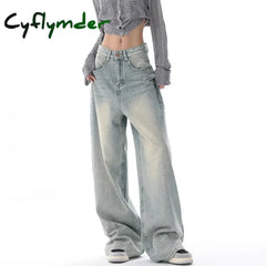 Cyflymder Autumn Winter New High Waisted Jeans Women Button Full Length Wide Leg Denim Pants