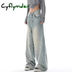Cyflymder Autumn Winter New High Waisted Jeans Women Button Full Length Wide Leg Denim Pants