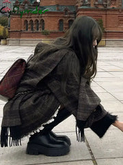 Cyflymder Autumn/Winter New Retro Plaid Cloak Shawl Woolen Coat Women Winter Clothes Korean Style Chic Loose Wool